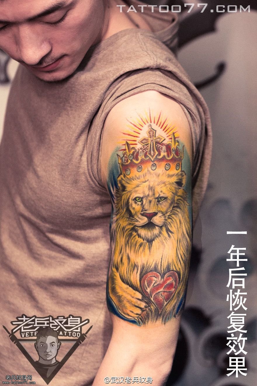 大臂狮子王纹身图案作品恢复一年后效果