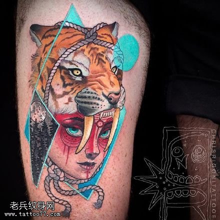 大腿凶猛老虎纹身图案