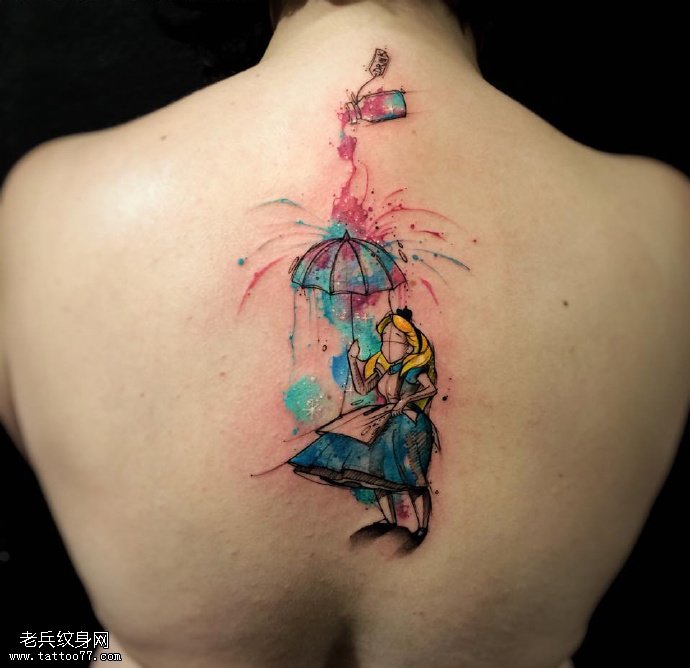 背部水彩打伞的小女孩纹身图案