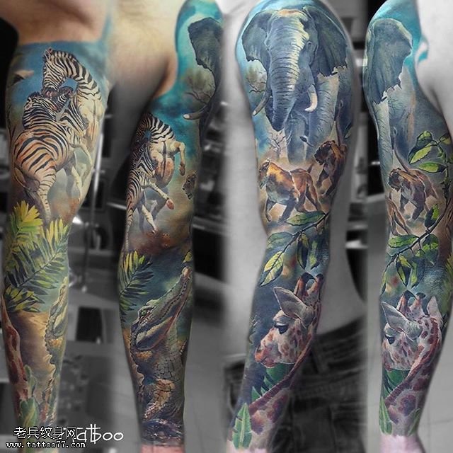 斑马大象花臂纹身图案