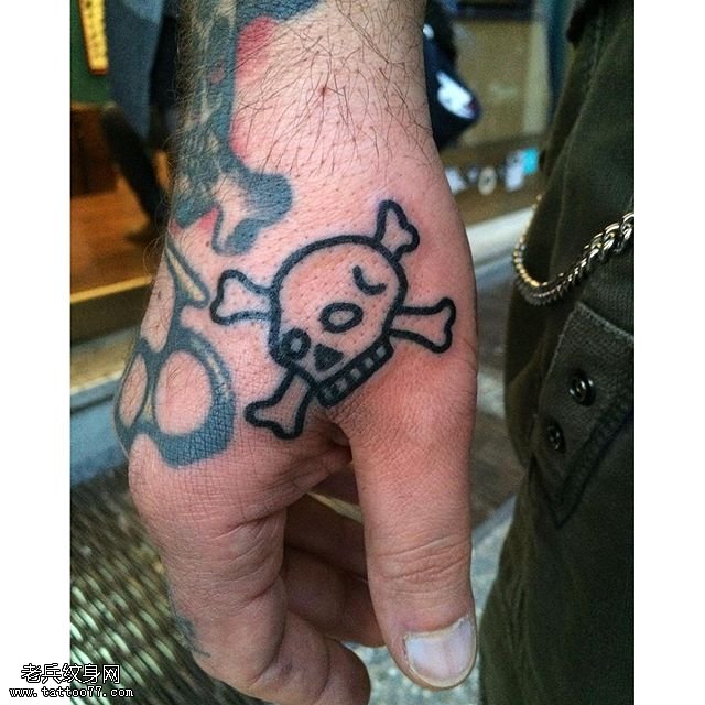 虎口处的骷髅纹身图案