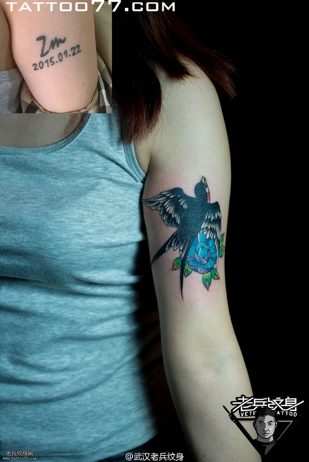 手臂内侧燕子纹身图案作品遮盖旧纹身