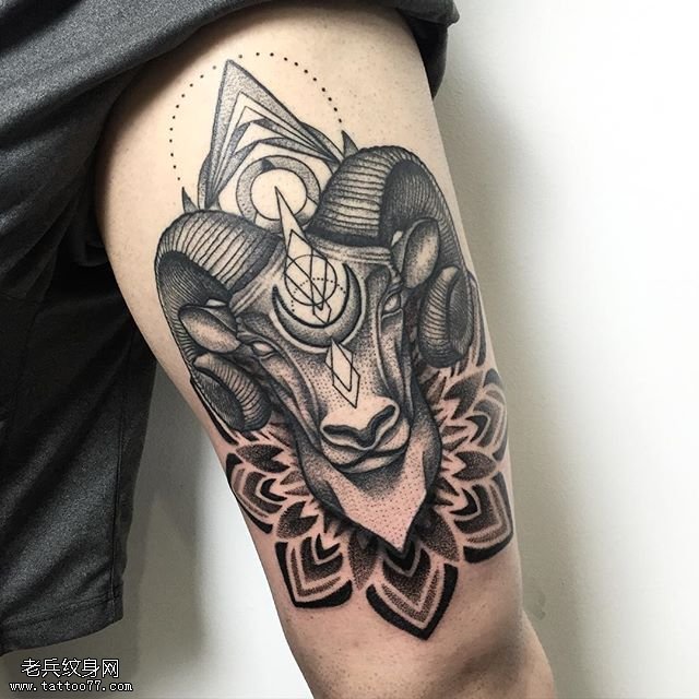 腿部经典羊头纹身图案