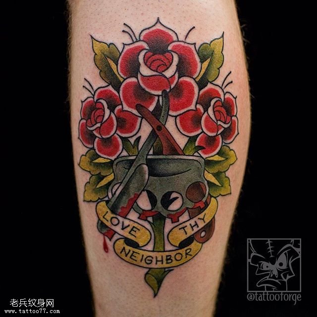 小腿一束玫瑰纹身图案