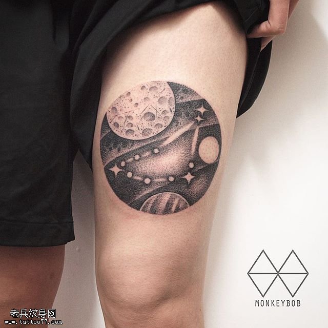 大腿上点刺外星球纹身图案
