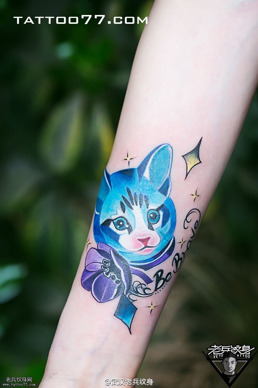 手部彩色猫咪纹身图案作品