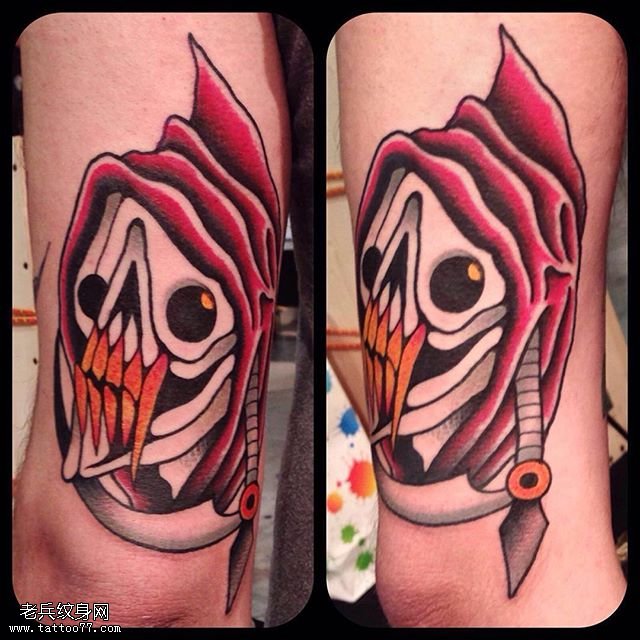 腿部经典死神骷髅纹身图案