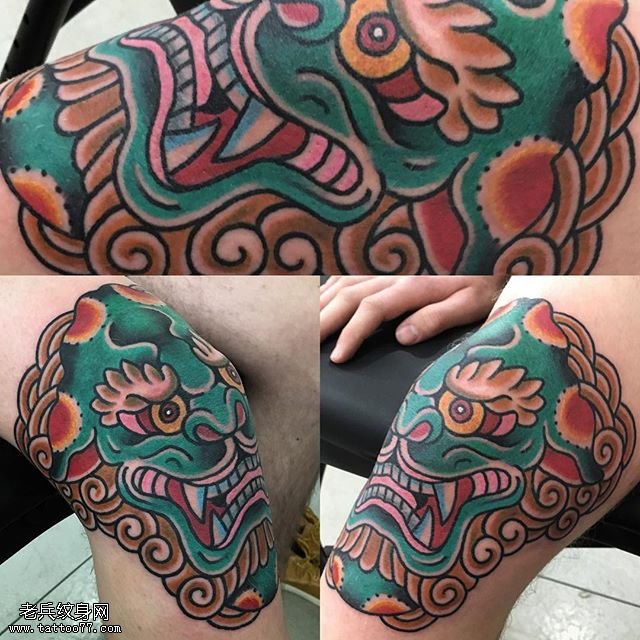 膝盖上的狮子纹身图案