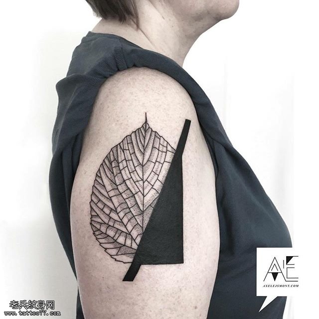 大臂上的一片树叶纹身图案