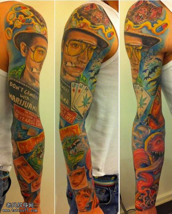 手臂个性彩色肖像纹身图案
