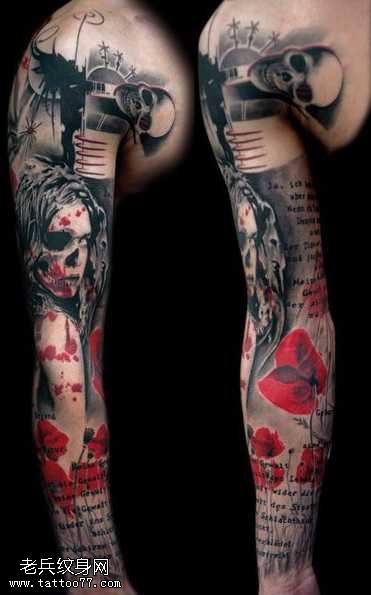 手臂彩色血骷髅纹身图案