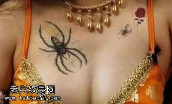 胸部逼真的3d蜘蛛纹身图案