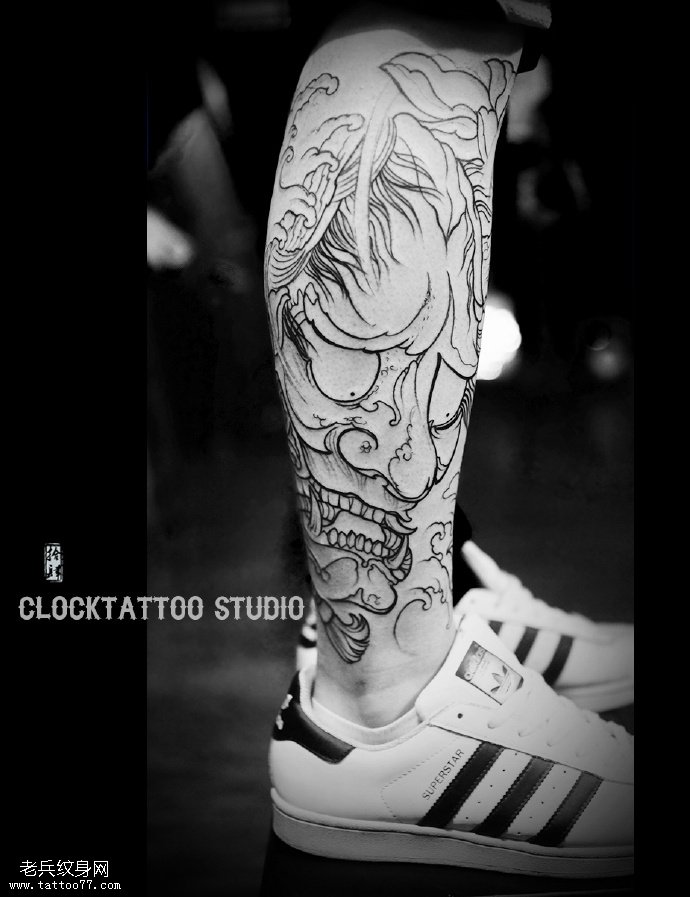 小腿点刺大般若纹身图案