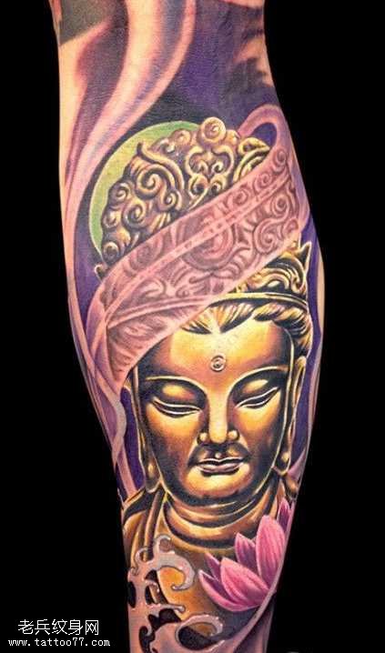 腿部一款金佛纹身图案