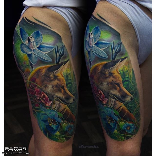 大腿水彩狗狗纹身图案