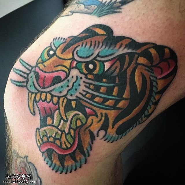 膝盖上的彩色老虎纹身图案