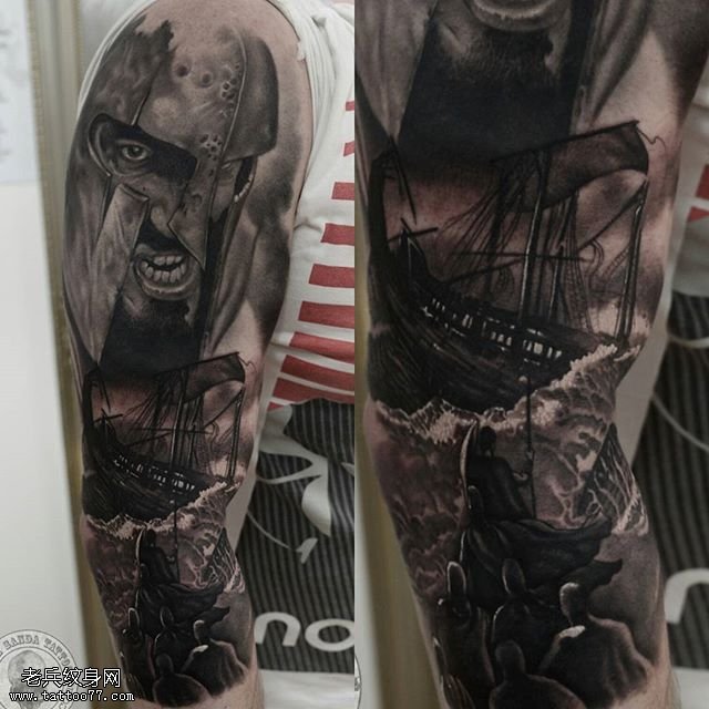 大臂的盔甲帆船纹身图案