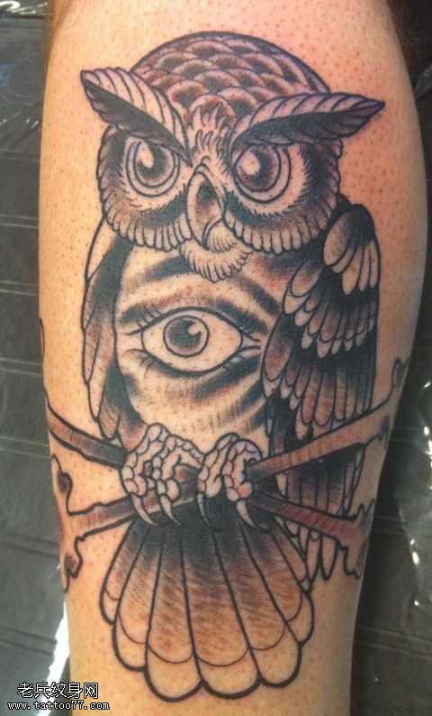 腿部漂亮猫头鹰眼睛纹身图案