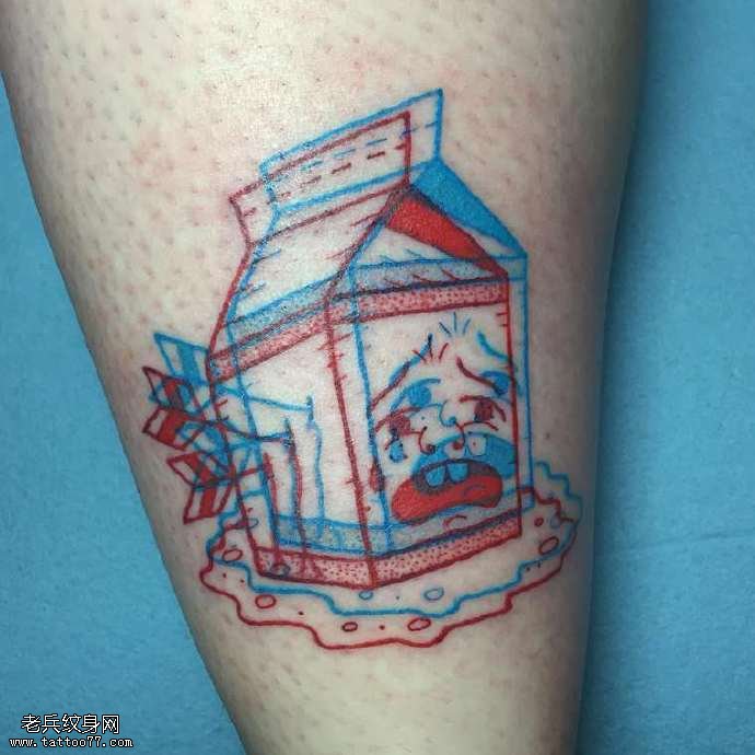 腿部红蓝点刺房子纹身图案