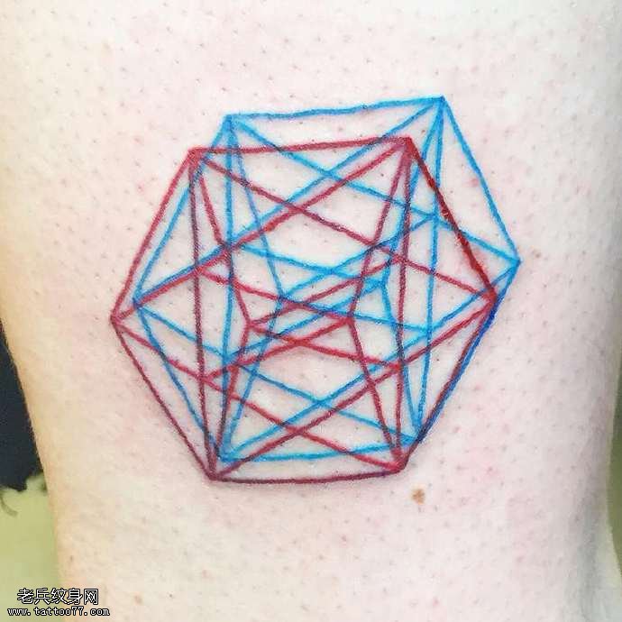腿部红蓝点刺几何线条纹身图案