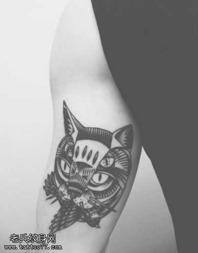 手臂黑白色的猫咪纹身图案