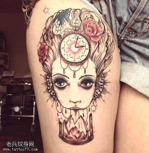 腿部美女头像纹身图案