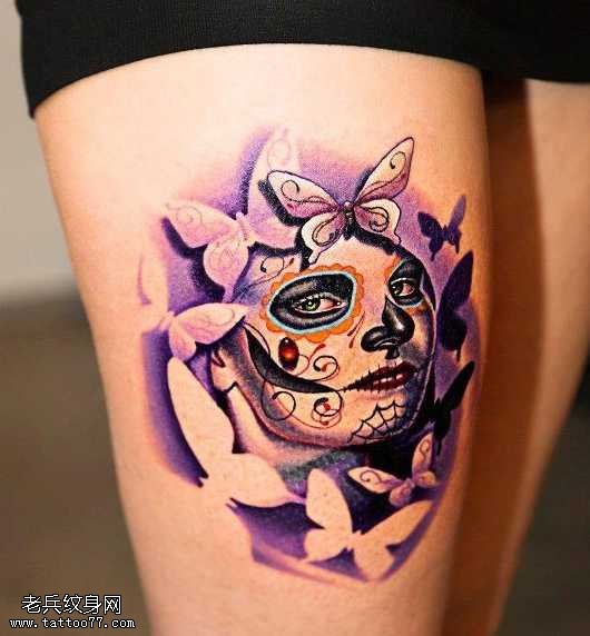 腿部美女头像纹身图案