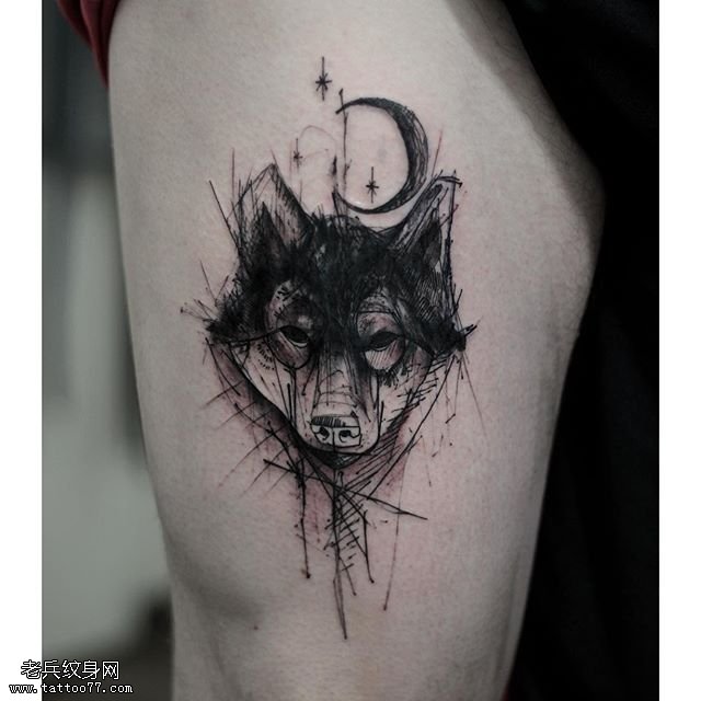 大腿线条狗狗纹身图案