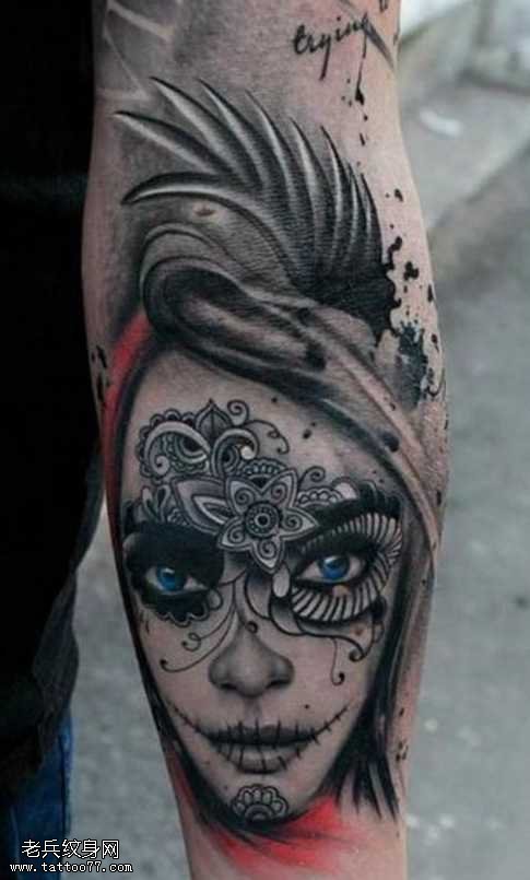 手臂美女头像纹身图案
