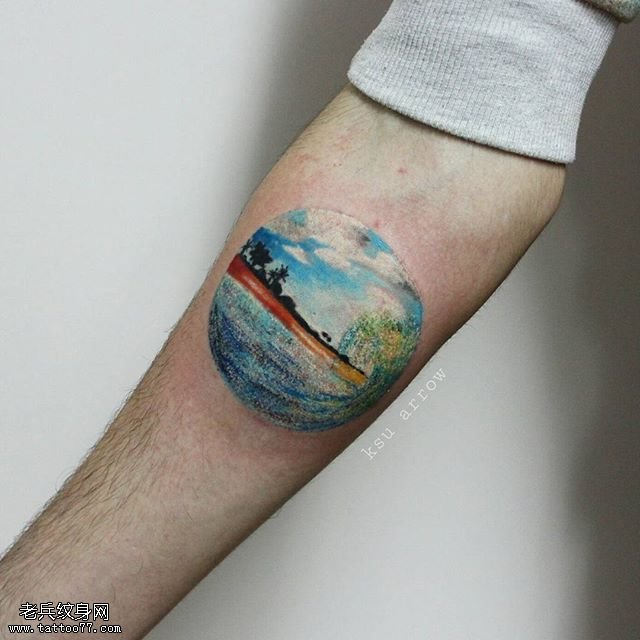 手臂圆海南风光纹身图案