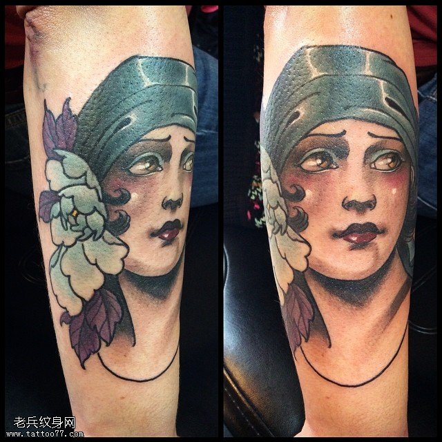 手臂民族风妹子纹身图案