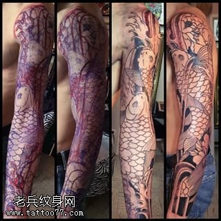 手臂线条点刺锦鲤纹身图案