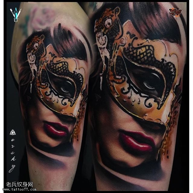 大臂面具女孩纹身图案