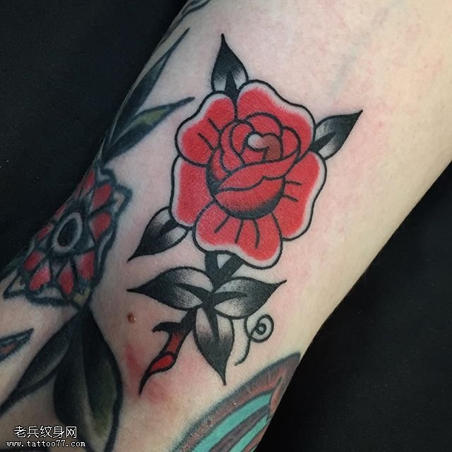 手臂写实荆棘玫瑰纹身图案