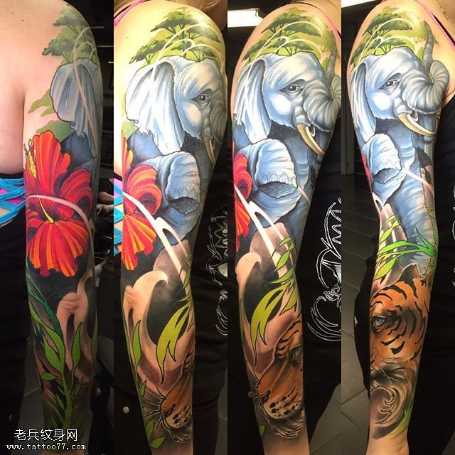 手臂彩绘大象花臂纹身图案