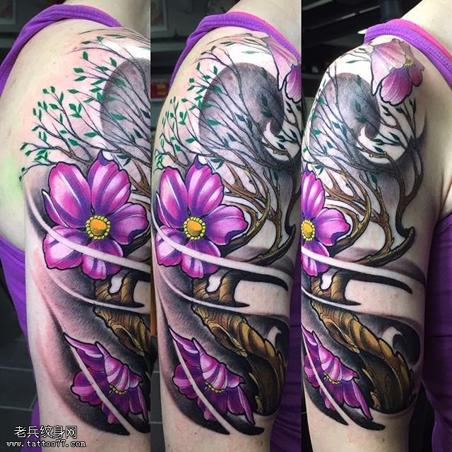 大臂花卉树纹身图案