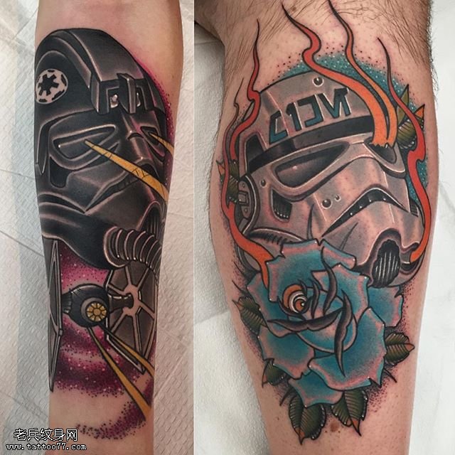 小腿上头盔玫瑰纹身图案