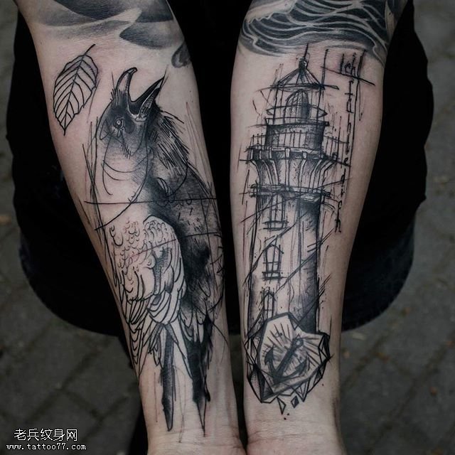 手臂的线条乌鸦灯塔纹身图案