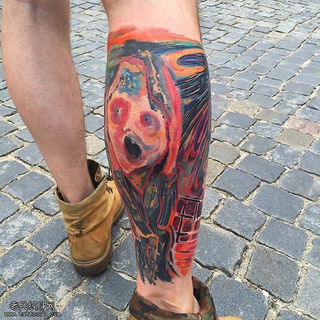 小腿抽象水彩图纹身图案