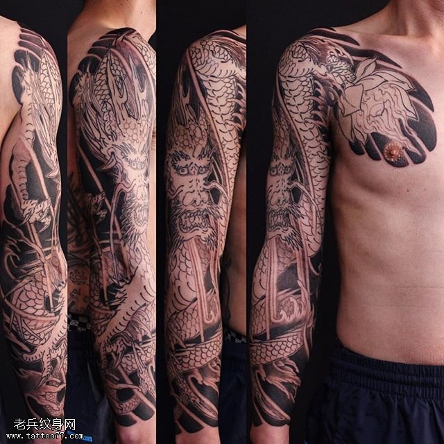 经典中国龙花臂纹身图案