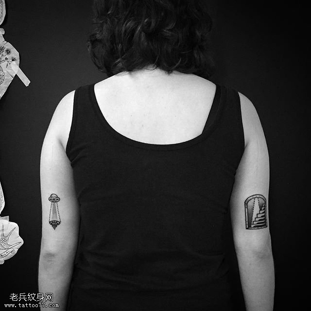 手臂飞碟阶梯纹身图案