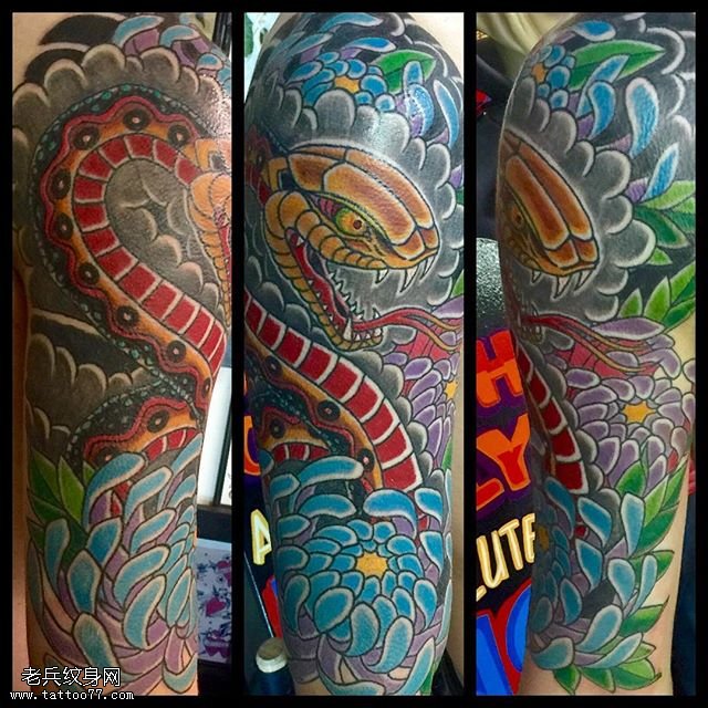 彩绘菊花蛇花臂纹身图案