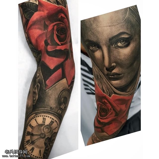 手臂玫瑰罗马表纹身图案