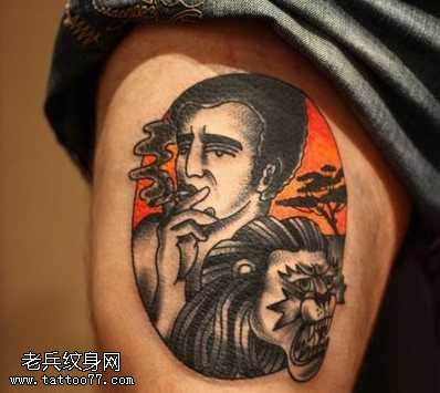 腿部人物头像纹身图案