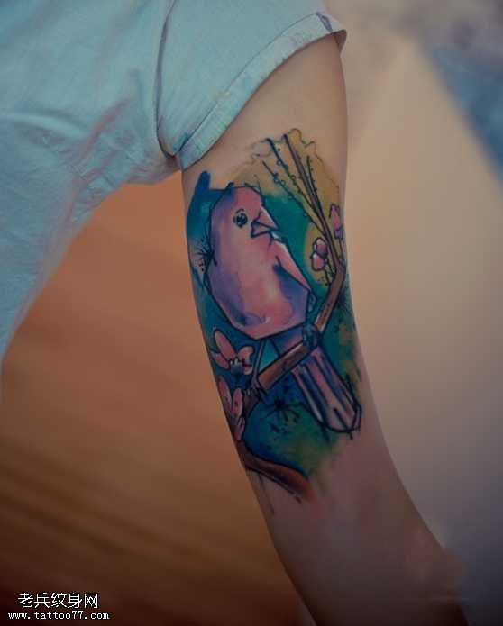 手臂水彩鸟纹身图案