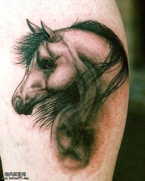 腿部帅气的马头纹身图案