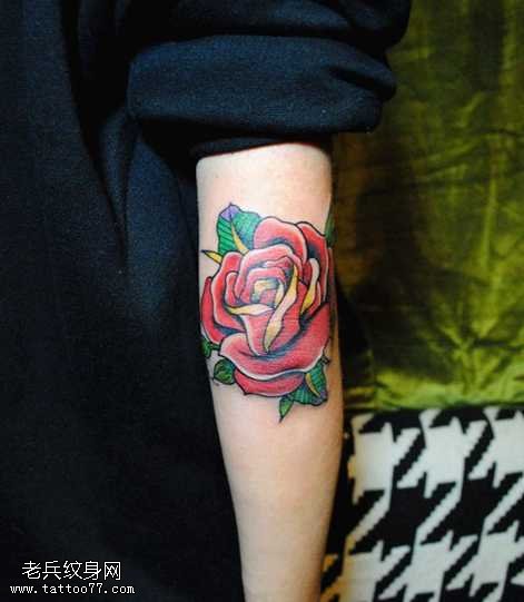 手臂红色玫瑰花纹身图案