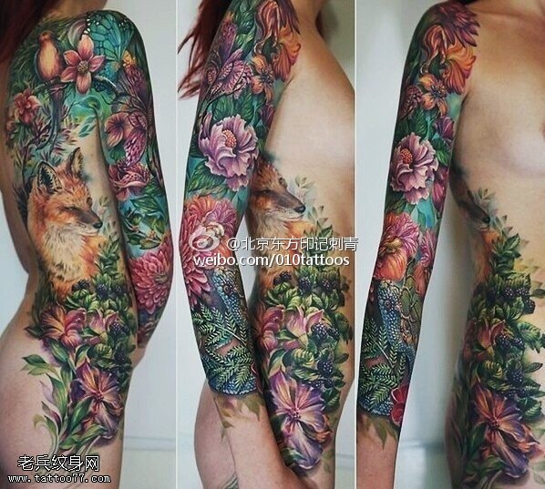 彩绘欧美花卉花臂纹身图案