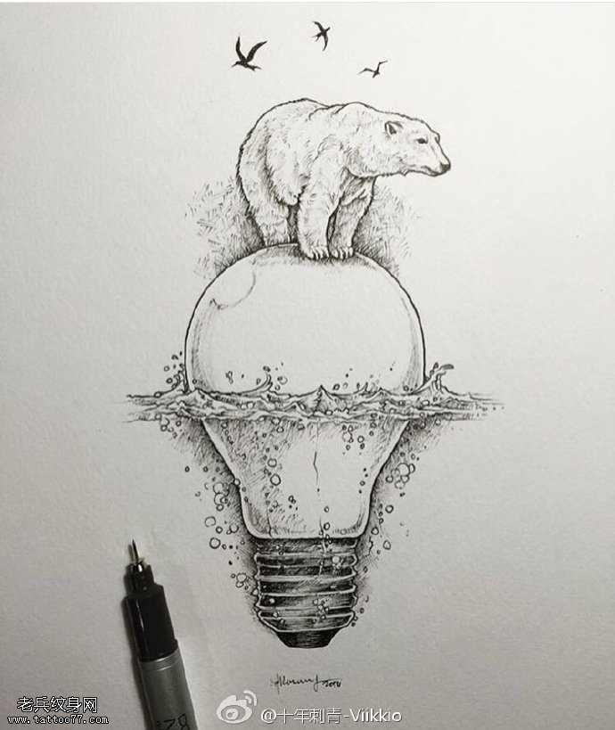手稿灯泡上的北极熊纹身图案