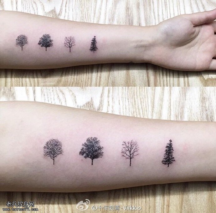 情侣手臂的小松树纹身图案